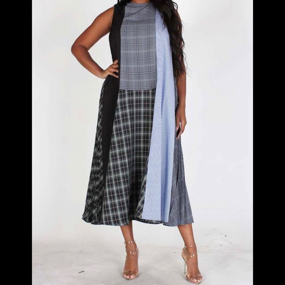 Multi~Fabric Pleated Maxi Dress w/Pockets